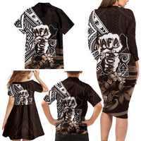 Hafa Adai Guam Discovery Day Family Matching Long Sleeve Bodycon Dress and Hawaiian Shirt Chamorro Latte Stone Hand Brown Version