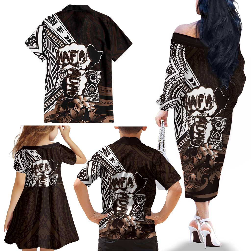 Hafa Adai Guam Discovery Day Family Matching Off The Shoulder Long Sleeve Dress and Hawaiian Shirt Chamorro Latte Stone Hand Brown Version