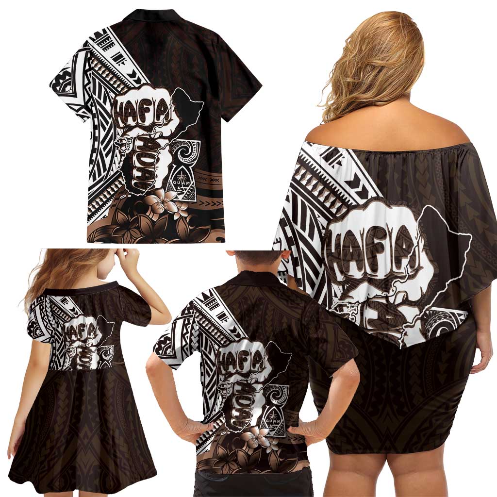 Hafa Adai Guam Discovery Day Family Matching Off Shoulder Short Dress and Hawaiian Shirt Chamorro Latte Stone Hand Brown Version
