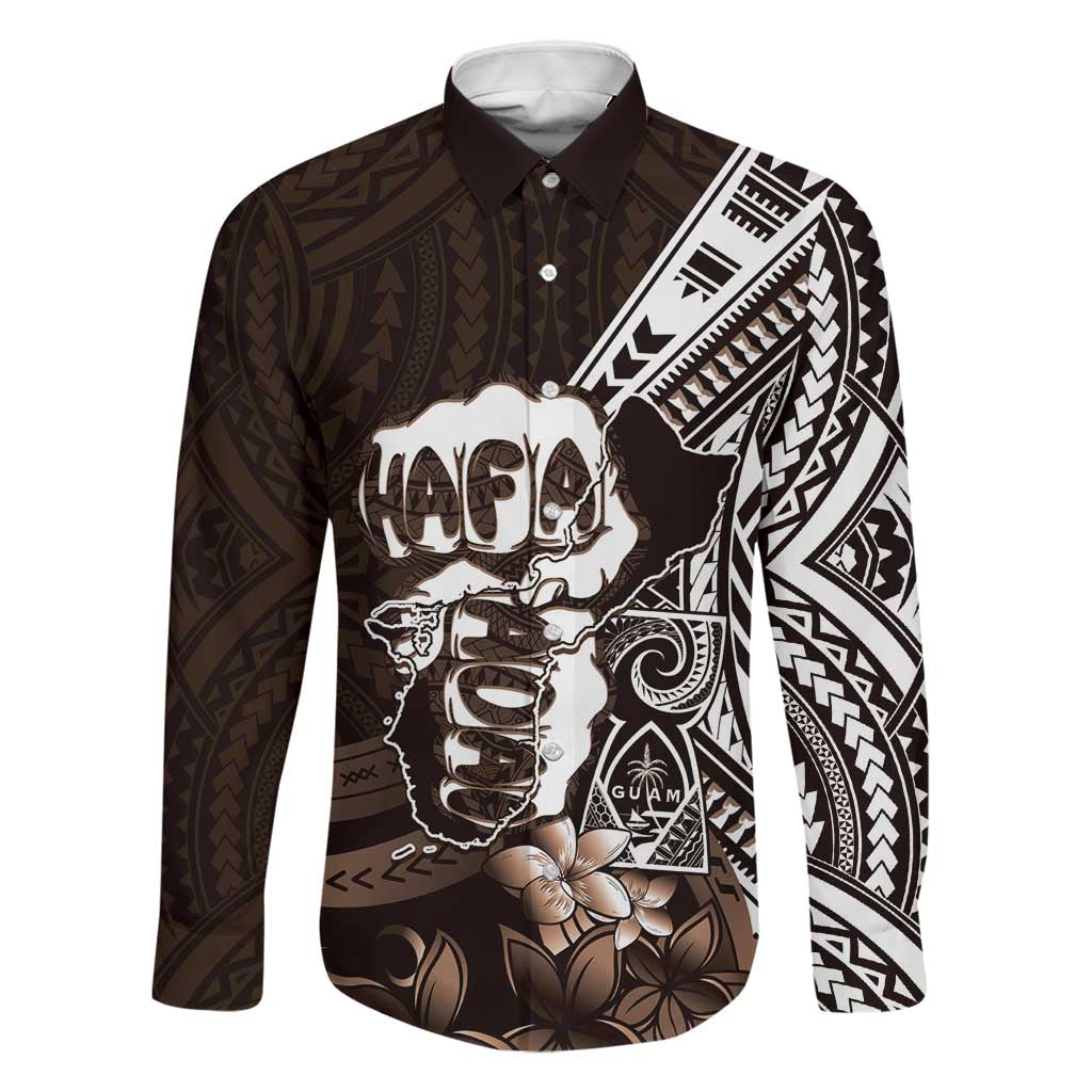 Hafa Adai Guam Discovery Day Family Matching Off Shoulder Short Dress and Hawaiian Shirt Chamorro Latte Stone Hand Brown Version