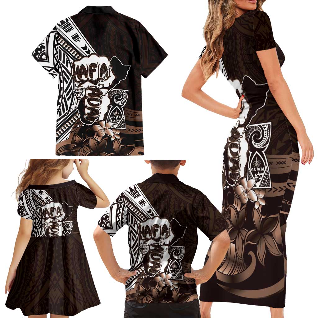 Hafa Adai Guam Discovery Day Family Matching Short Sleeve Bodycon Dress and Hawaiian Shirt Chamorro Latte Stone Hand Brown Version