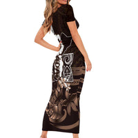 Hafa Adai Guam Discovery Day Family Matching Short Sleeve Bodycon Dress and Hawaiian Shirt Chamorro Latte Stone Hand Brown Version