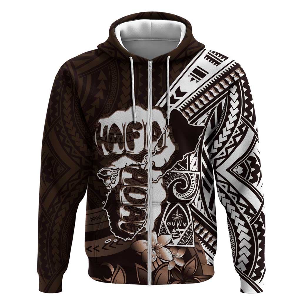 Hafa Adai Guam Discovery Day Hoodie Chamorro Latte Stone Hand Brown Version LT14 Zip Hoodie Brown - Polynesian Pride