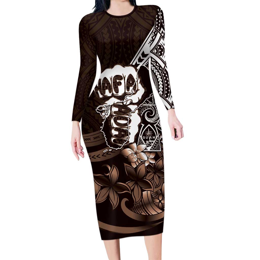Hafa Adai Guam Discovery Day Long Sleeve Bodycon Dress Chamorro Latte Stone Hand Brown Version LT14 Long Dress Brown - Polynesian Pride