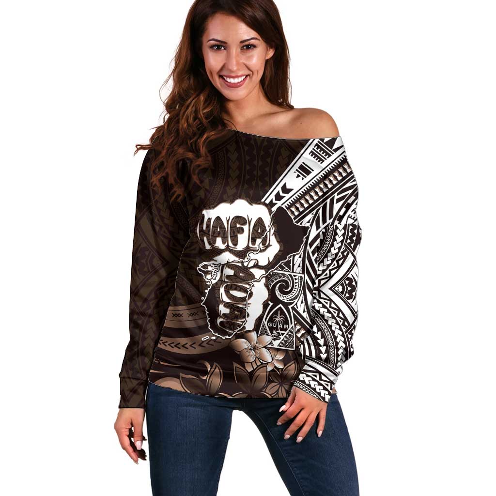 Hafa Adai Guam Discovery Day Off Shoulder Sweater Chamorro Latte Stone Hand Brown Version LT14 Women Brown - Polynesian Pride