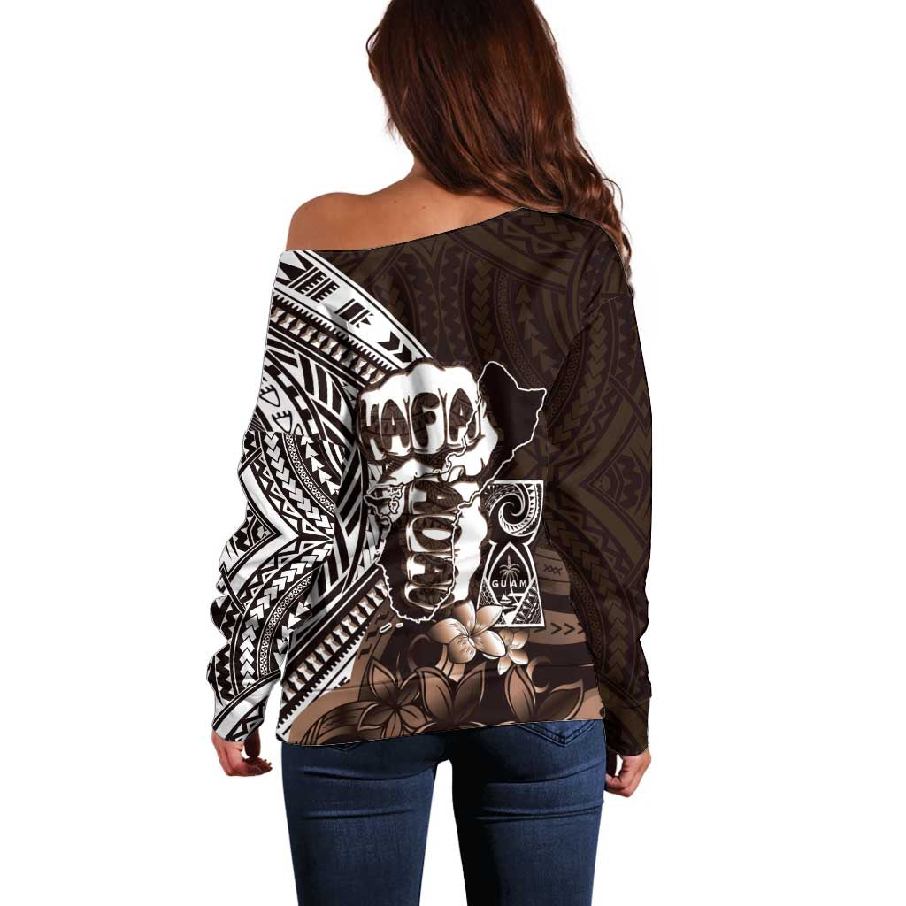 Hafa Adai Guam Discovery Day Off Shoulder Sweater Chamorro Latte Stone Hand Brown Version LT14 - Polynesian Pride