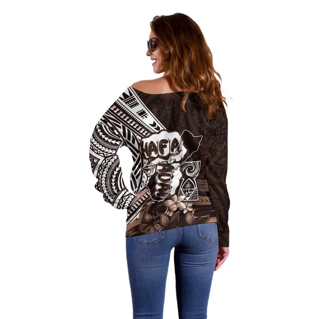 Hafa Adai Guam Discovery Day Off Shoulder Sweater Chamorro Latte Stone Hand Brown Version LT14 - Polynesian Pride
