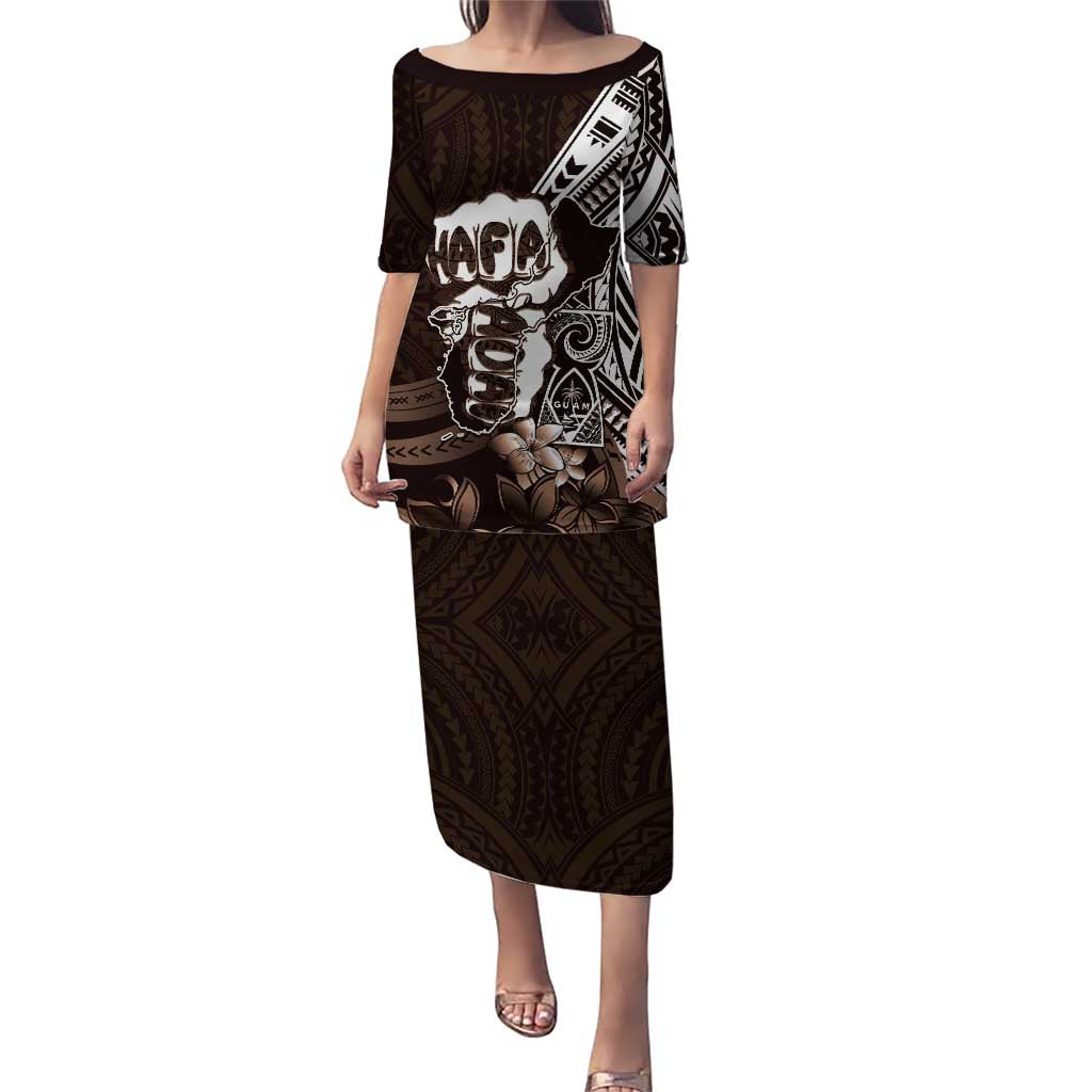 Hafa Adai Guam Discovery Day Puletasi Chamorro Latte Stone Hand Brown Version LT14 Long Dress Brown - Polynesian Pride