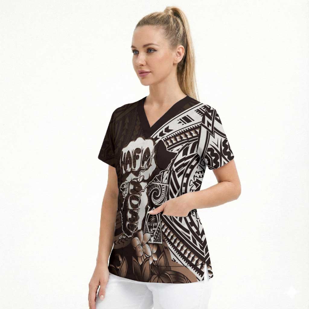 Hafa Adai Guam Discovery Day Scrub Top Chamorro Latte Stone Hand Brown Version LT14 - Polynesian Pride