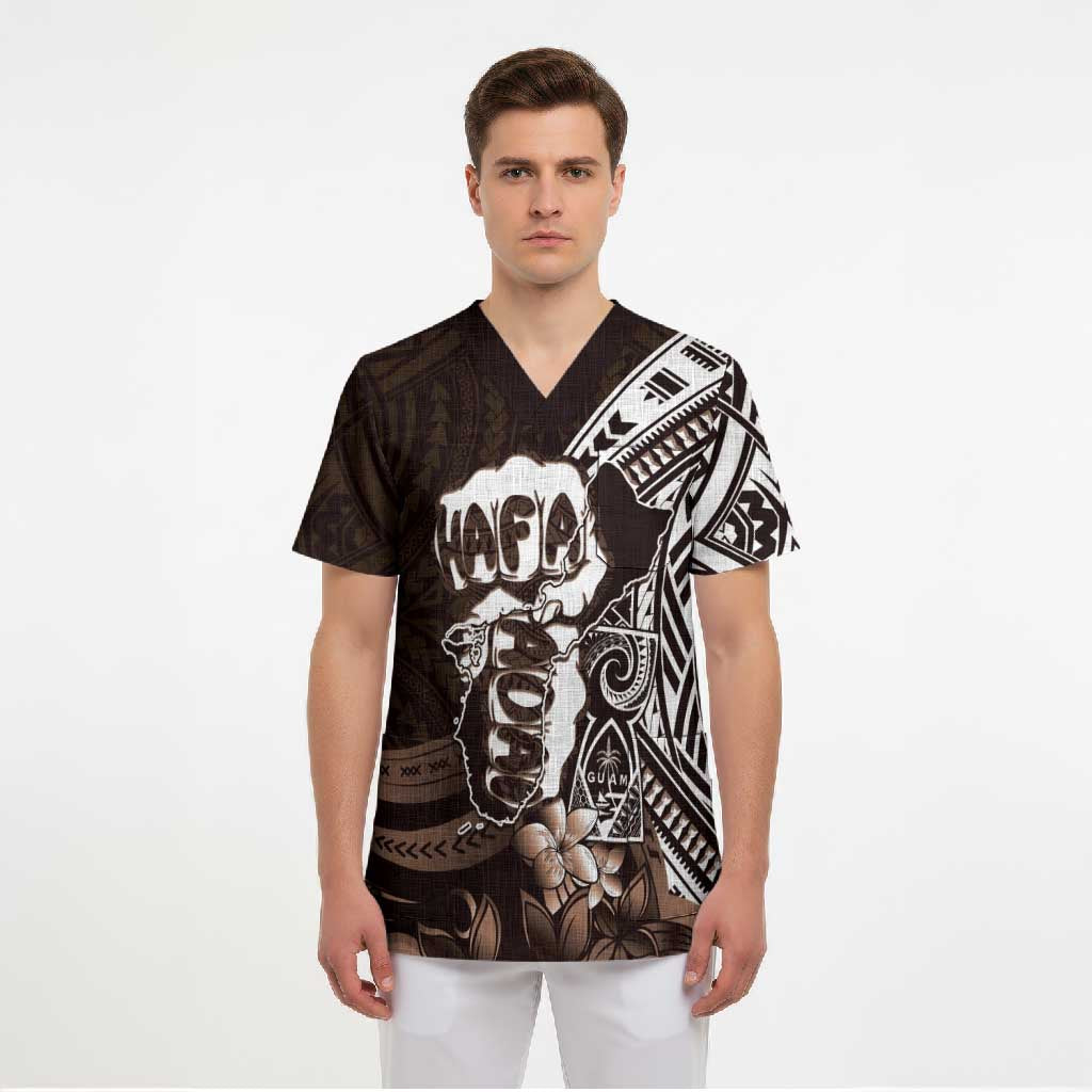 Hafa Adai Guam Discovery Day Scrub Top Chamorro Latte Stone Hand Brown Version LT14 - Polynesian Pride
