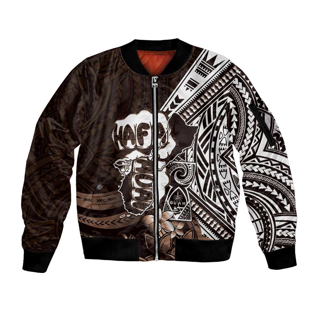Hafa Adai Guam Discovery Day Sleeve Zip Bomber Jacket Chamorro Latte Stone Hand Brown Version LT14 Unisex Brown - Polynesian Pride