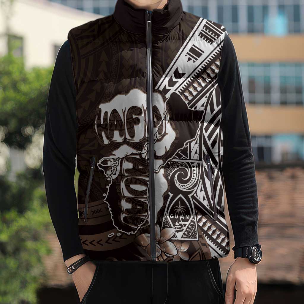 Hafa Adai Guam Discovery Day Sleeveless Puffer Jacket Chamorro Latte Stone Hand Brown Version LT14 - Polynesian Pride