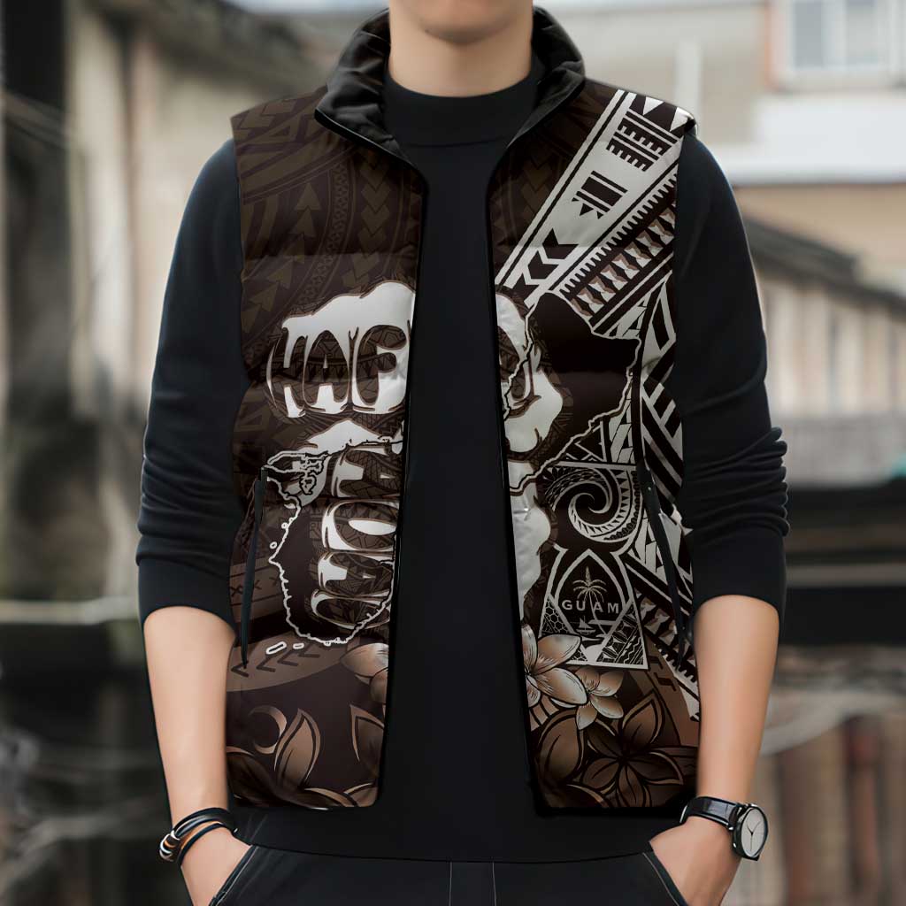 Hafa Adai Guam Discovery Day Sleeveless Puffer Jacket Chamorro Latte Stone Hand Brown Version LT14 - Polynesian Pride