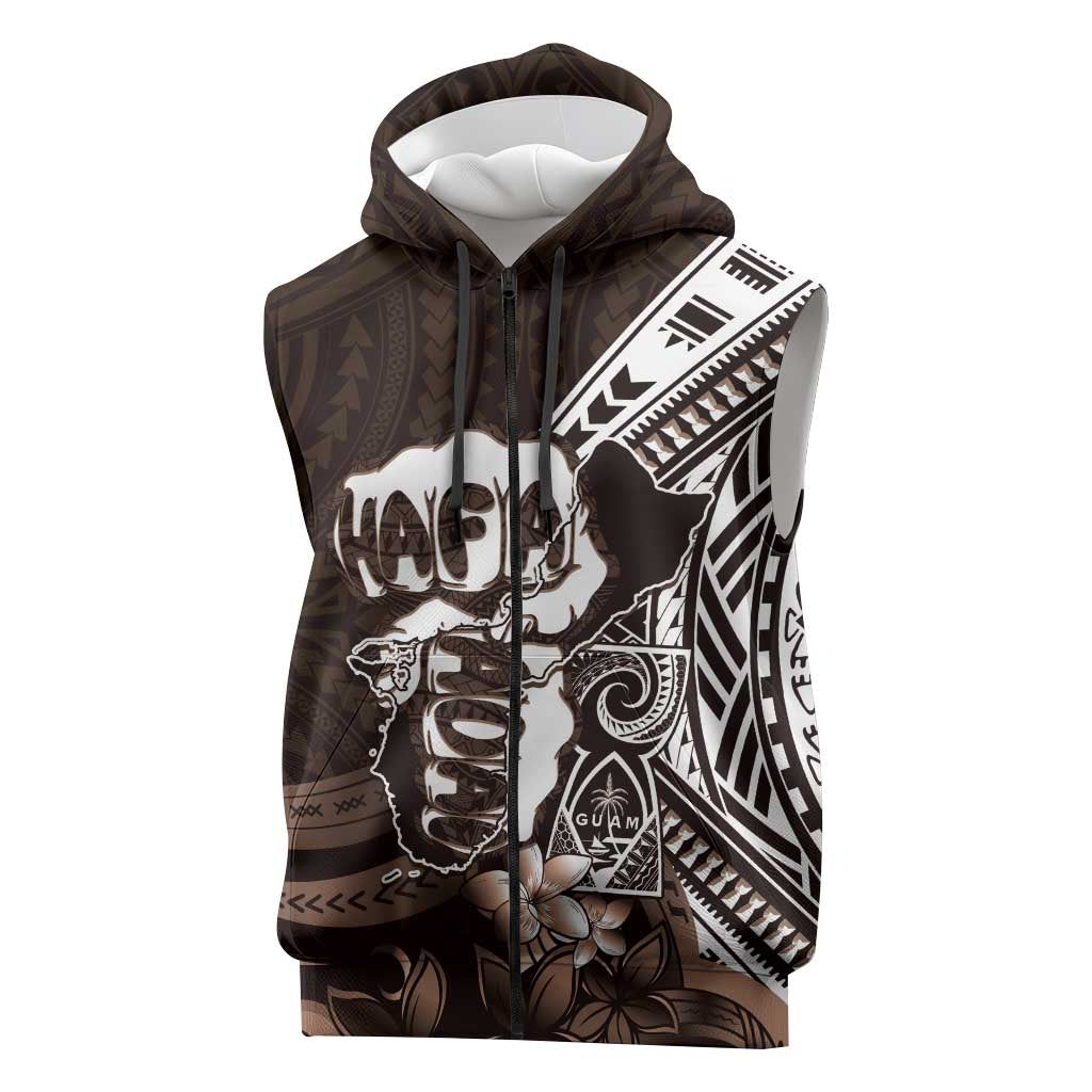 Hafa Adai Guam Discovery Day Sleeveless Zip Hoodie Chamorro Latte Stone Hand Brown Version LT14 Brown - Polynesian Pride