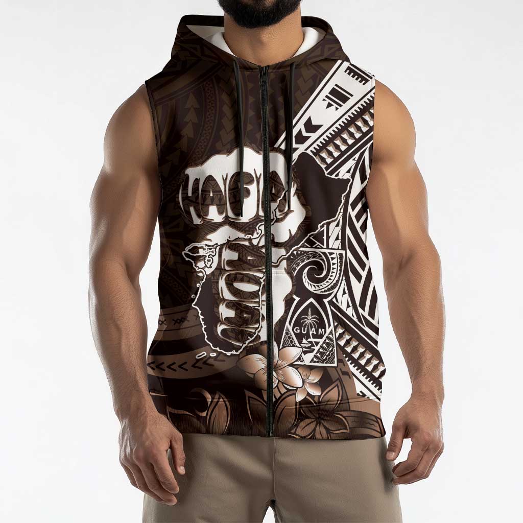 Hafa Adai Guam Discovery Day Sleeveless Zip Hoodie Chamorro Latte Stone Hand Brown Version LT14 - Polynesian Pride