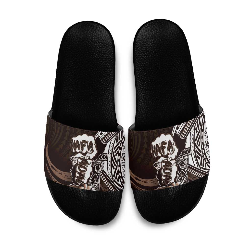 Hafa Adai Guam Discovery Day Slide Sandals Chamorro Latte Stone Hand Brown Version LT14 Brown - Polynesian Pride