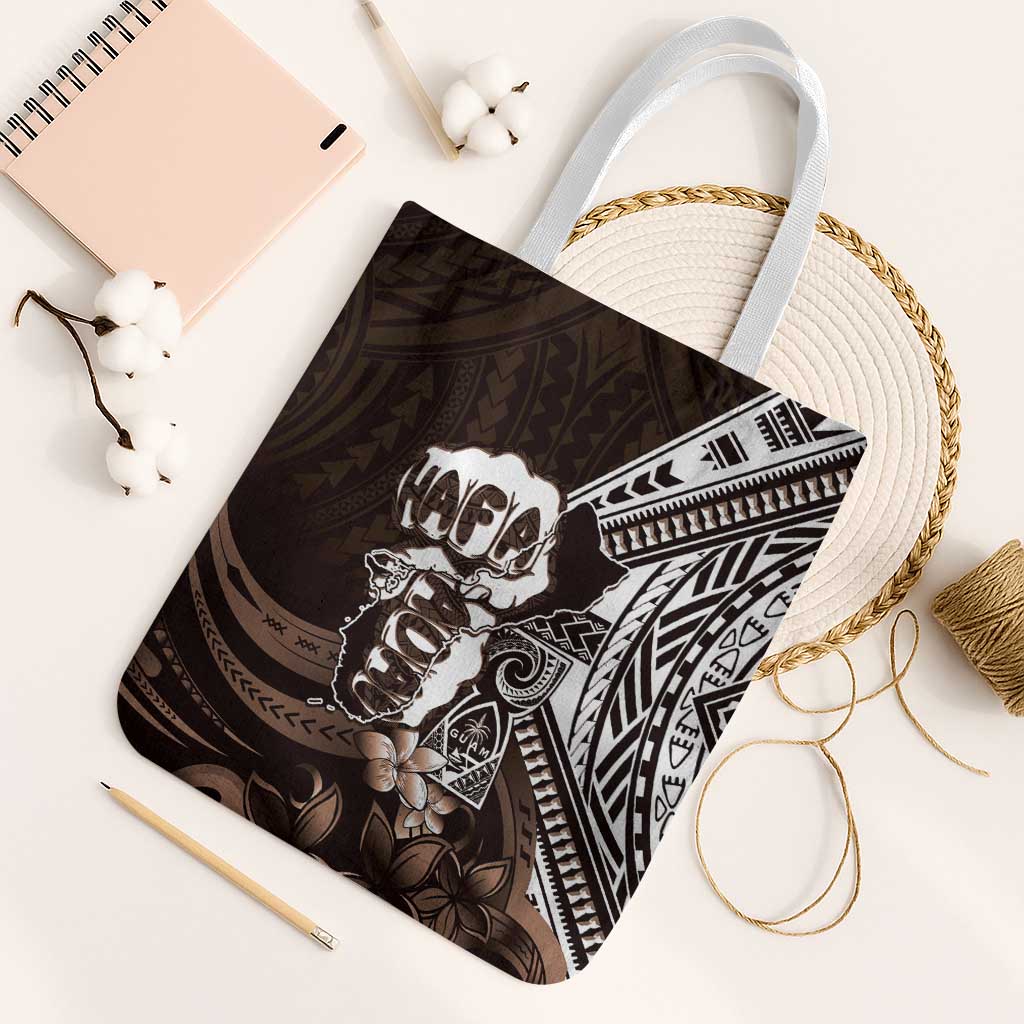 Hafa Adai Guam Discovery Day Tote Bag Chamorro Latte Stone Hand Brown Version LT14 White Strap One Size Brown - Polynesian Pride
