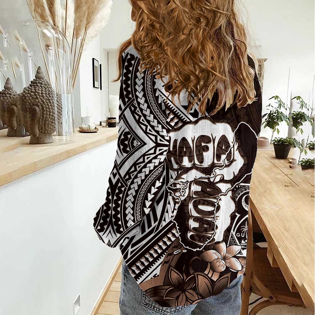 Hafa Adai Guam Discovery Day Women Casual Shirt Chamorro Latte Stone Hand Brown Version LT14 - Polynesian Pride