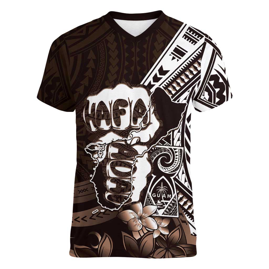 Hafa Adai Guam Discovery Day Women V-Neck T-Shirt Chamorro Latte Stone Hand Brown Version LT14 Female Brown - Polynesian Pride