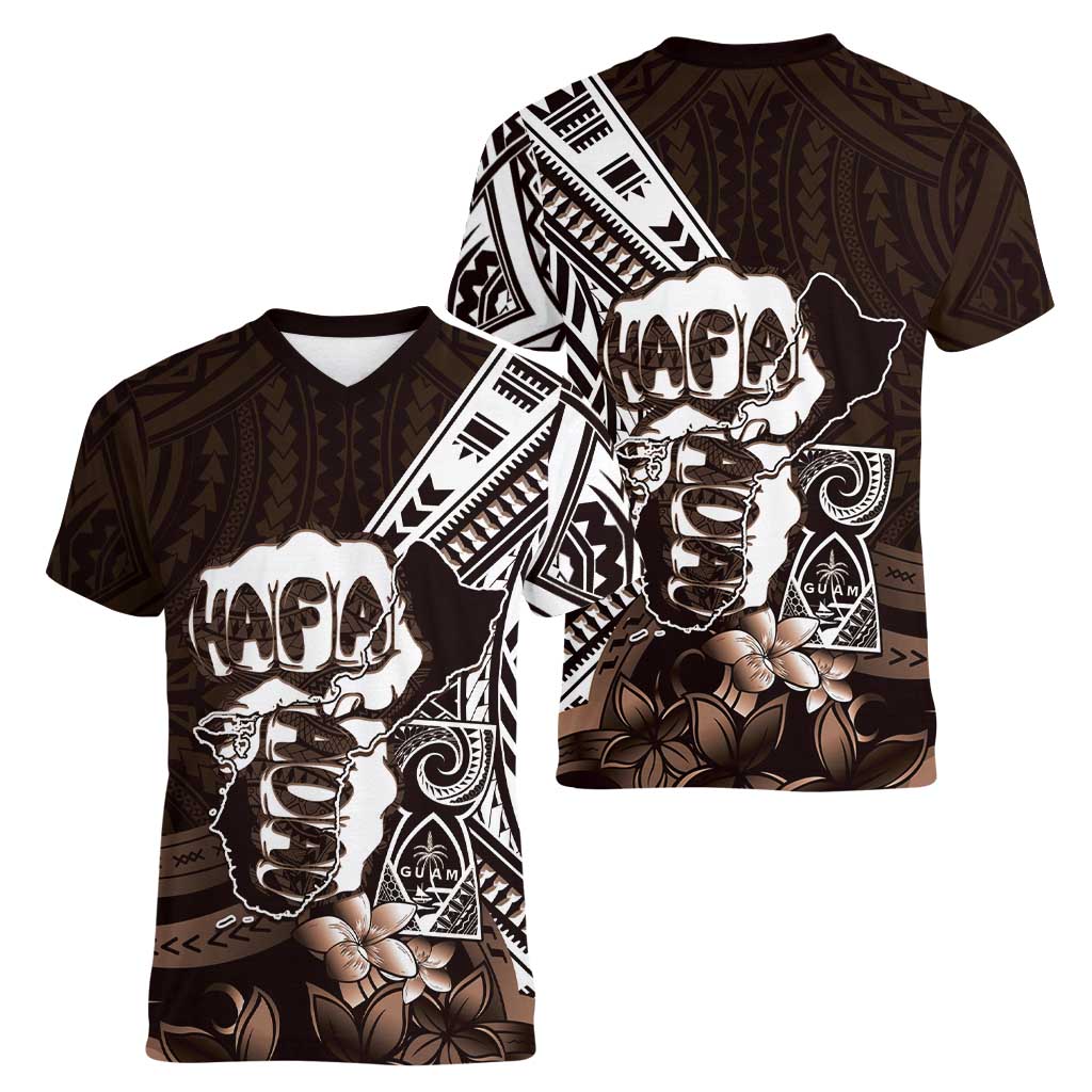 Hafa Adai Guam Discovery Day Women V-Neck T-Shirt Chamorro Latte Stone Hand Brown Version LT14 - Polynesian Pride