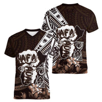 Hafa Adai Guam Discovery Day Women V-Neck T-Shirt Chamorro Latte Stone Hand Brown Version LT14 - Polynesian Pride