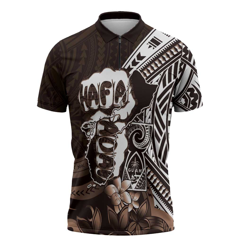Hafa Adai Guam Discovery Day Zipper Polo Shirt Chamorro Latte Stone Hand Brown Version LT14 Brown - Polynesian Pride