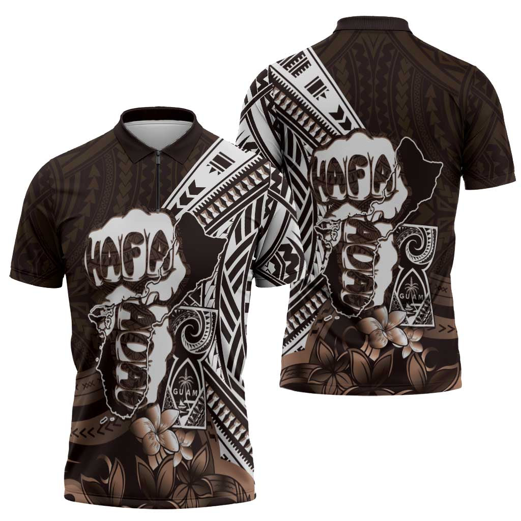 Hafa Adai Guam Discovery Day Zipper Polo Shirt Chamorro Latte Stone Hand Brown Version LT14 - Polynesian Pride