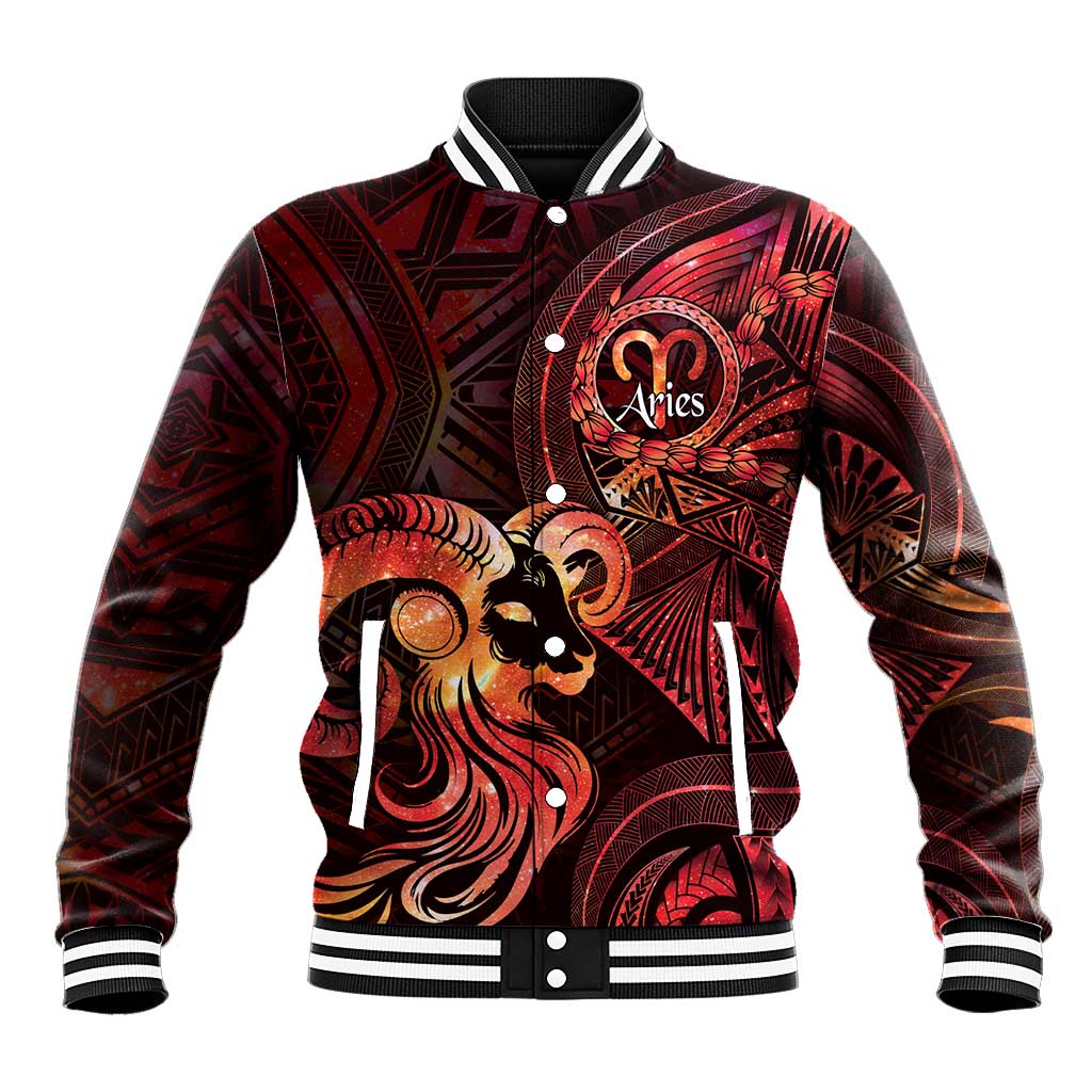 Personalised Polynesia Zodiac Aries Baseball Jacket Galaxy Polynesian Pattern Chest Tattoo Style LT14 Unisex Red - Polynesian Pride