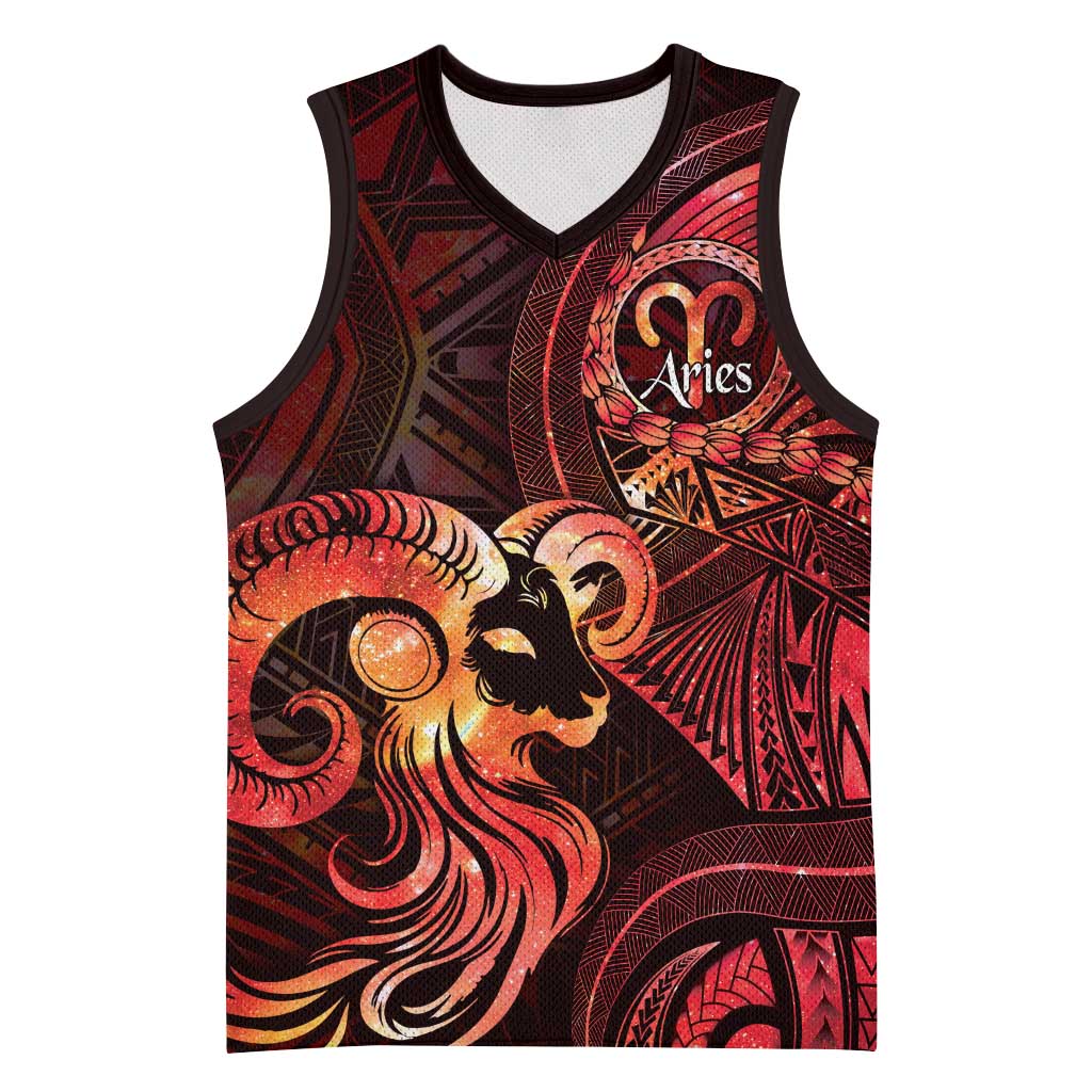 Personalised Polynesia Zodiac Aries Basketball Jersey Galaxy Polynesian Pattern Chest Tattoo Style LT14 Unisex Red - Polynesian Pride