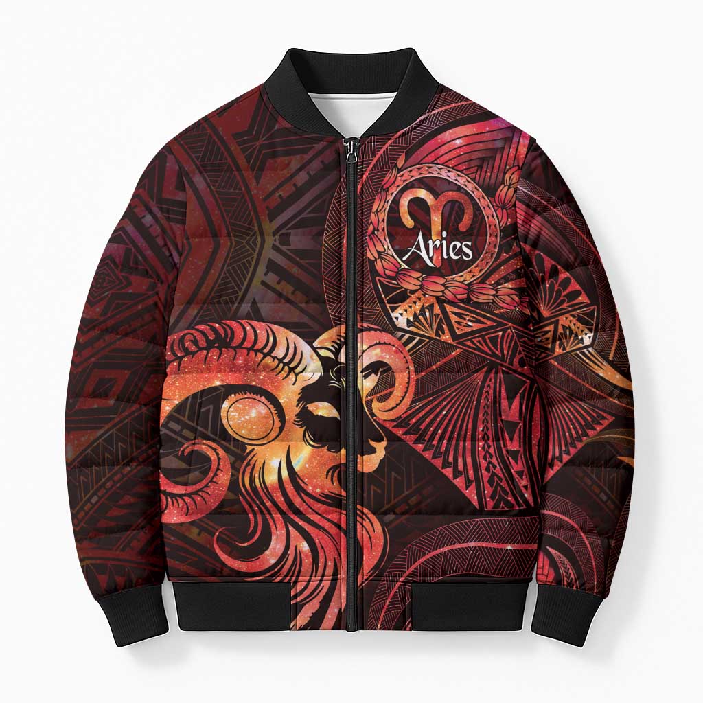 Personalised Polynesia Zodiac Aries Bomber Puffer Jacket Galaxy Polynesian Pattern Chest Tattoo Style