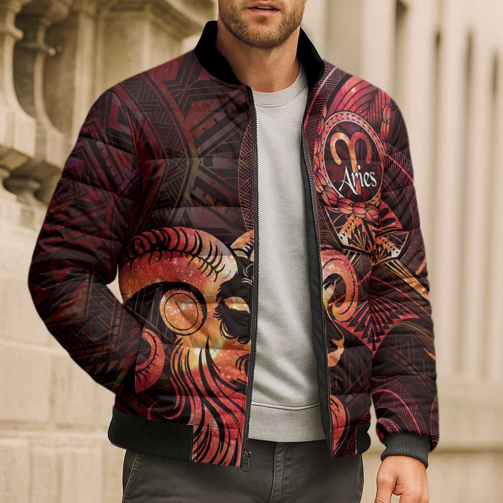 Personalised Polynesia Zodiac Aries Bomber Puffer Jacket Galaxy Polynesian Pattern Chest Tattoo Style