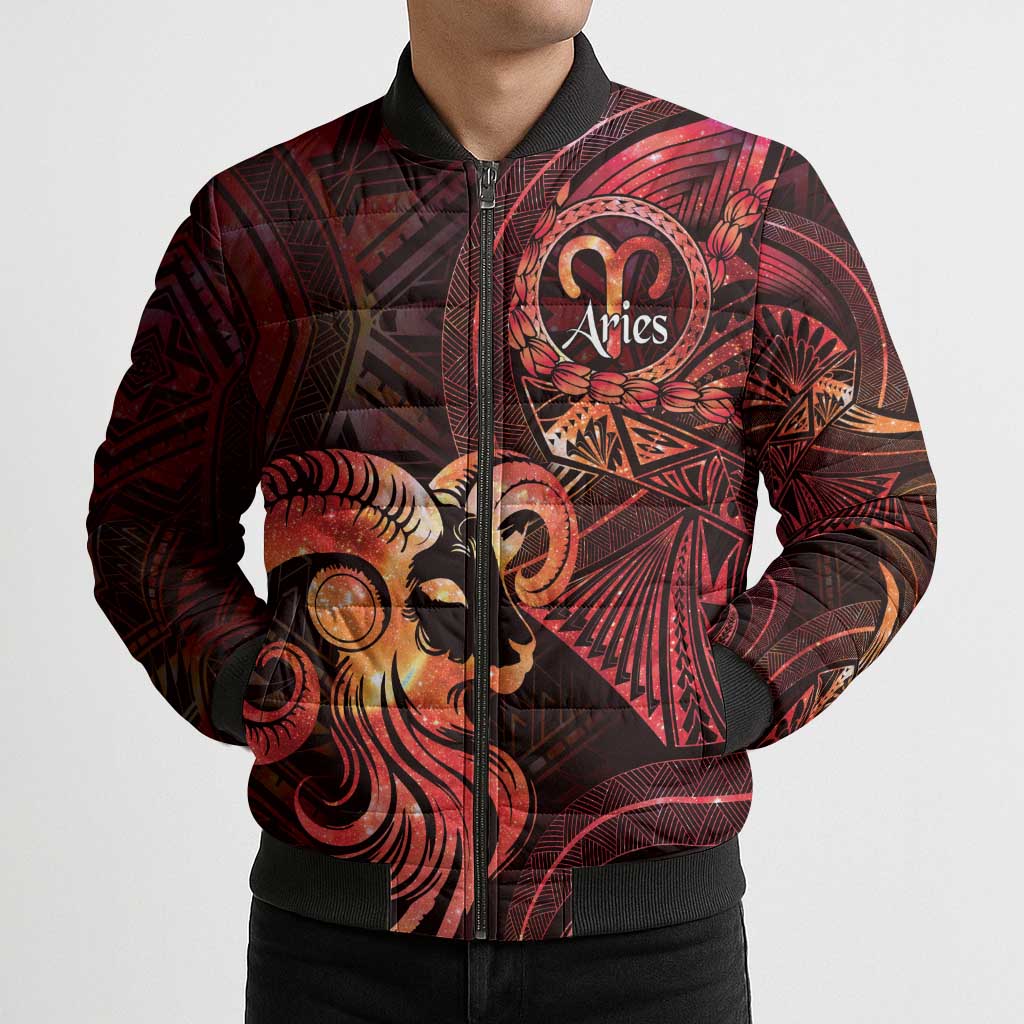 Personalised Polynesia Zodiac Aries Bomber Puffer Jacket Galaxy Polynesian Pattern Chest Tattoo Style