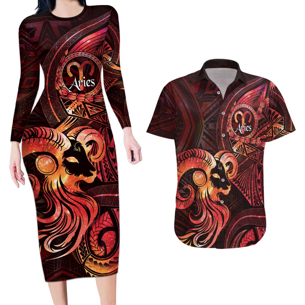 Personalised Polynesia Zodiac Aries Couples Matching Long Sleeve Bodycon Dress and Hawaiian Shirt Galaxy Polynesian Pattern Chest Tattoo Style LT14 Red - Polynesian Pride
