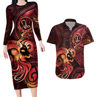 Personalised Polynesia Zodiac Aries Couples Matching Long Sleeve Bodycon Dress and Hawaiian Shirt Galaxy Polynesian Pattern Chest Tattoo Style LT14 Red - Polynesian Pride