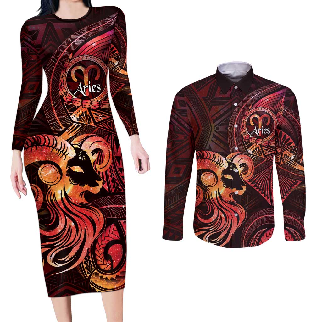 Personalised Polynesia Zodiac Aries Couples Matching Long Sleeve Bodycon Dress and Long Sleeve Button Shirt Galaxy Polynesian Pattern Chest Tattoo Style LT14 Red - Polynesian Pride