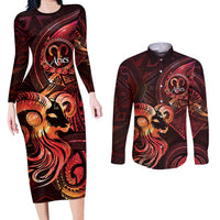 Personalised Polynesia Zodiac Aries Couples Matching Long Sleeve Bodycon Dress and Long Sleeve Button Shirt Galaxy Polynesian Pattern Chest Tattoo Style LT14 Red - Polynesian Pride