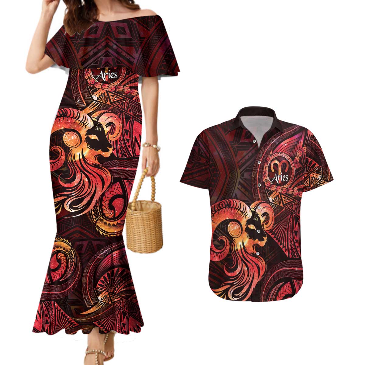 Personalised Polynesia Zodiac Aries Couples Matching Mermaid Dress and Hawaiian Shirt Galaxy Polynesian Pattern Chest Tattoo Style LT14 Red - Polynesian Pride