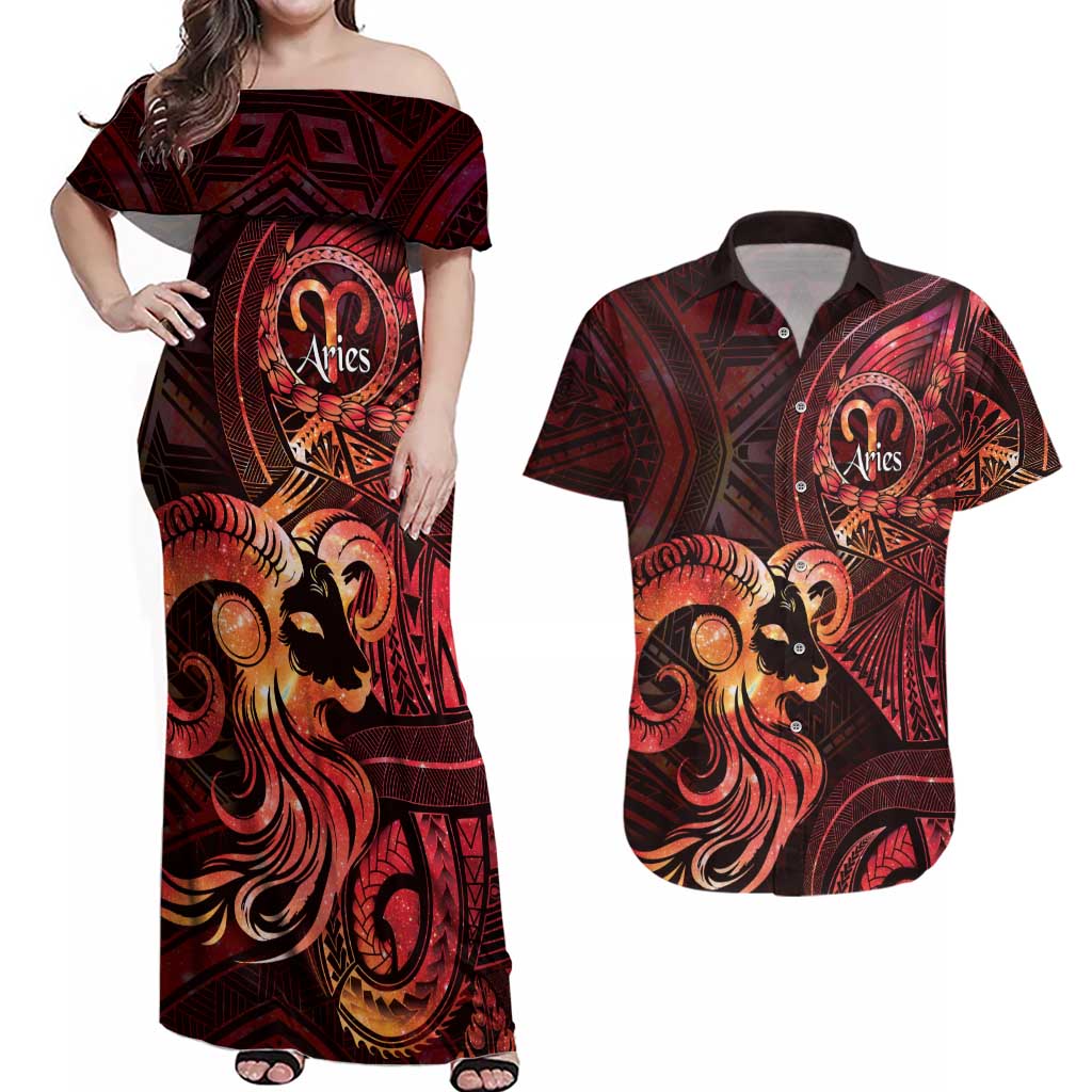 Personalised Polynesia Zodiac Aries Couples Matching Off Shoulder Maxi Dress and Hawaiian Shirt Galaxy Polynesian Pattern Chest Tattoo Style LT14 Red - Polynesian Pride