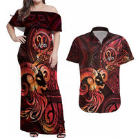 Personalised Polynesia Zodiac Aries Couples Matching Off Shoulder Maxi Dress and Hawaiian Shirt Galaxy Polynesian Pattern Chest Tattoo Style LT14 Red - Polynesian Pride
