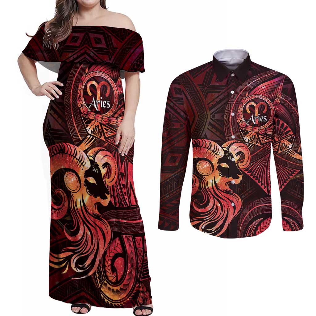 Personalised Polynesia Zodiac Aries Couples Matching Off Shoulder Maxi Dress and Long Sleeve Button Shirt Galaxy Polynesian Pattern Chest Tattoo Style LT14 Red - Polynesian Pride