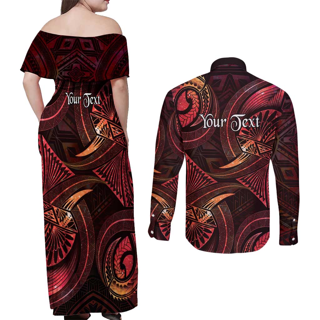 Personalised Polynesia Zodiac Aries Couples Matching Off Shoulder Maxi Dress and Long Sleeve Button Shirt Galaxy Polynesian Pattern Chest Tattoo Style LT14 - Polynesian Pride