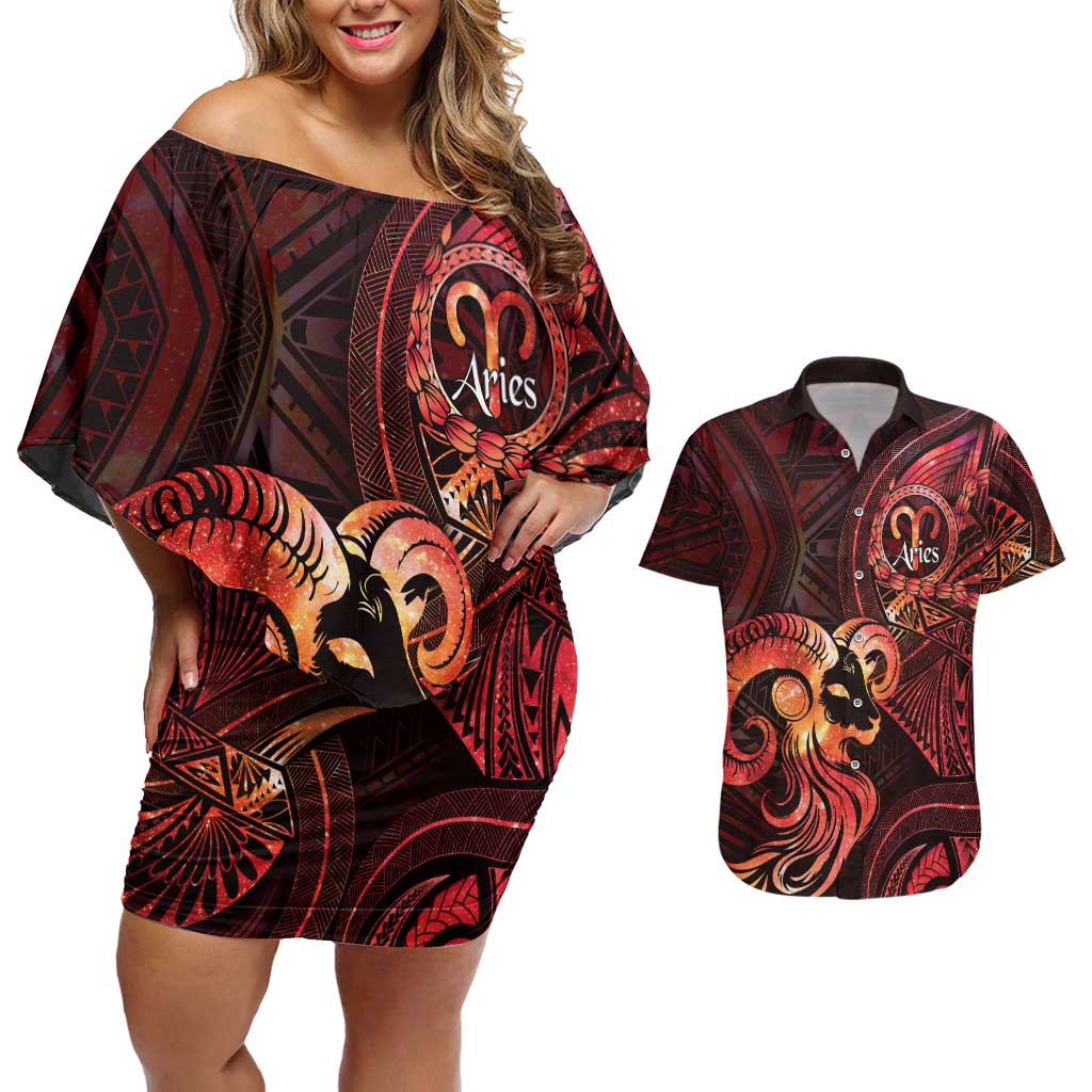 Personalised Polynesia Zodiac Aries Couples Matching Off Shoulder Short Dress and Hawaiian Shirt Galaxy Polynesian Pattern Chest Tattoo Style LT14 Red - Polynesian Pride