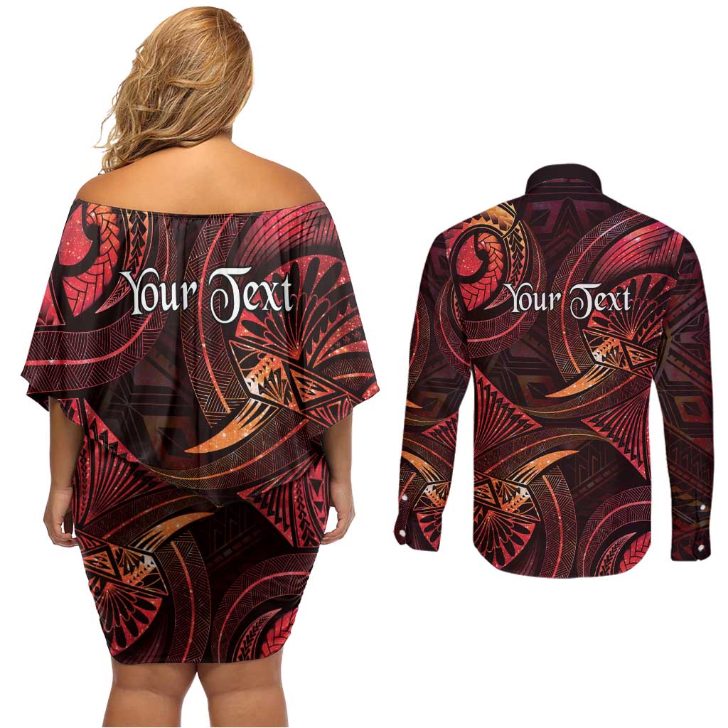 Personalised Polynesia Zodiac Aries Couples Matching Off Shoulder Short Dress and Long Sleeve Button Shirt Galaxy Polynesian Pattern Chest Tattoo Style LT14 - Polynesian Pride