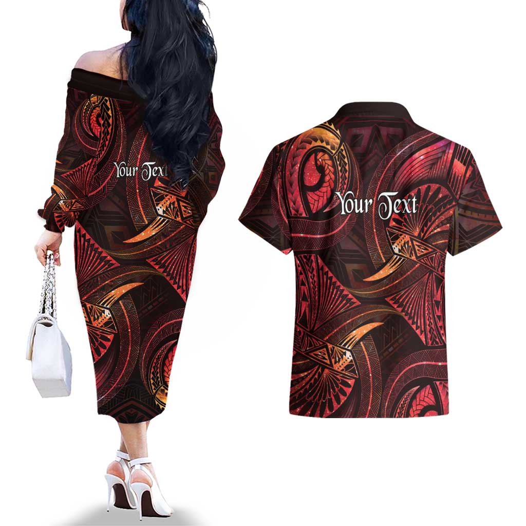 Personalised Polynesia Zodiac Aries Couples Matching Off The Shoulder Long Sleeve Dress and Hawaiian Shirt Galaxy Polynesian Pattern Chest Tattoo Style