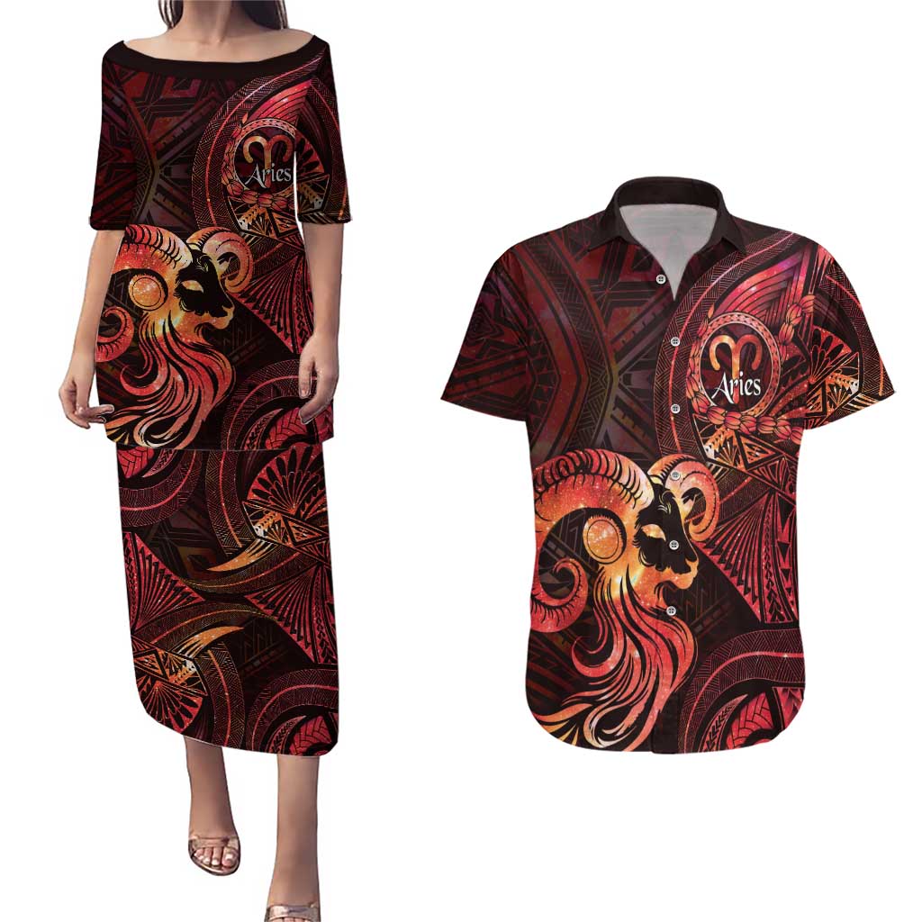 Personalised Polynesia Zodiac Aries Couples Matching Puletasi and Hawaiian Shirt Galaxy Polynesian Pattern Chest Tattoo Style LT14 Red - Polynesian Pride