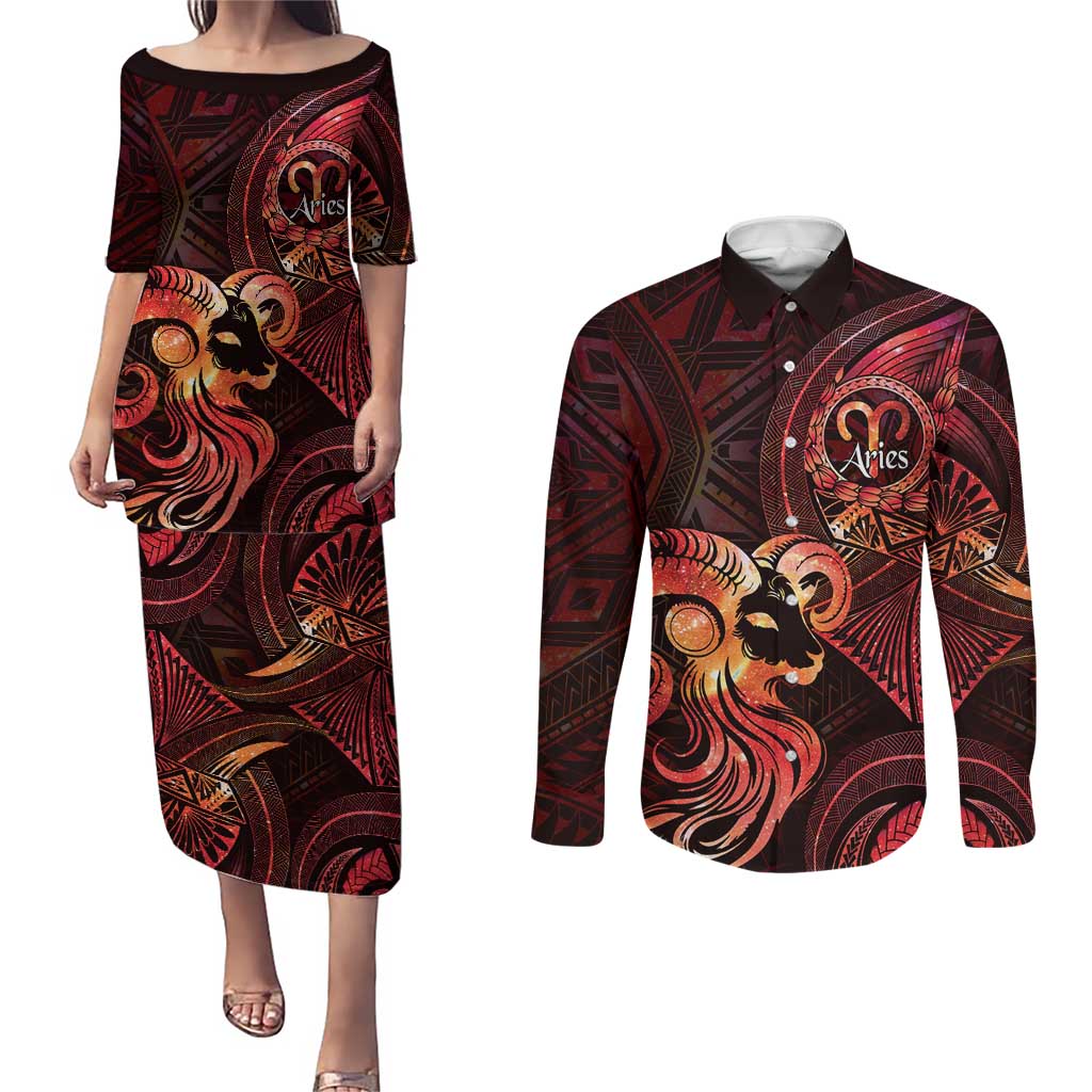 Personalised Polynesia Zodiac Aries Couples Matching Puletasi and Long Sleeve Button Shirt Galaxy Polynesian Pattern Chest Tattoo Style LT14 Red - Polynesian Pride