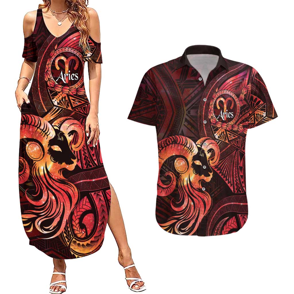 Personalised Polynesia Zodiac Aries Couples Matching Summer Maxi Dress and Hawaiian Shirt Galaxy Polynesian Pattern Chest Tattoo Style LT14 Red - Polynesian Pride