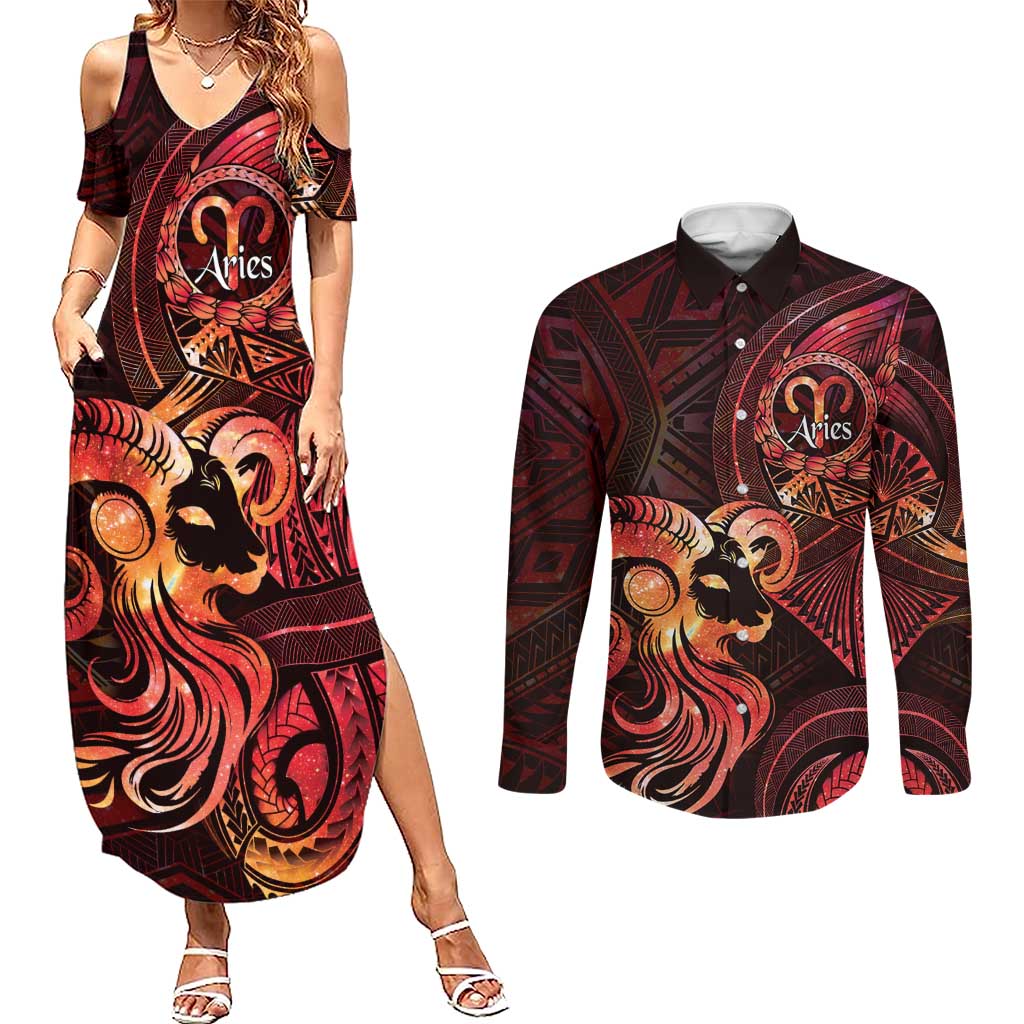 Personalised Polynesia Zodiac Aries Couples Matching Summer Maxi Dress and Long Sleeve Button Shirt Galaxy Polynesian Pattern Chest Tattoo Style LT14 Red - Polynesian Pride
