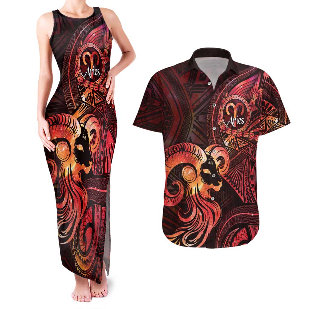 Personalised Polynesia Zodiac Aries Couples Matching Tank Maxi Dress and Hawaiian Shirt Galaxy Polynesian Pattern Chest Tattoo Style LT14 Red - Polynesian Pride