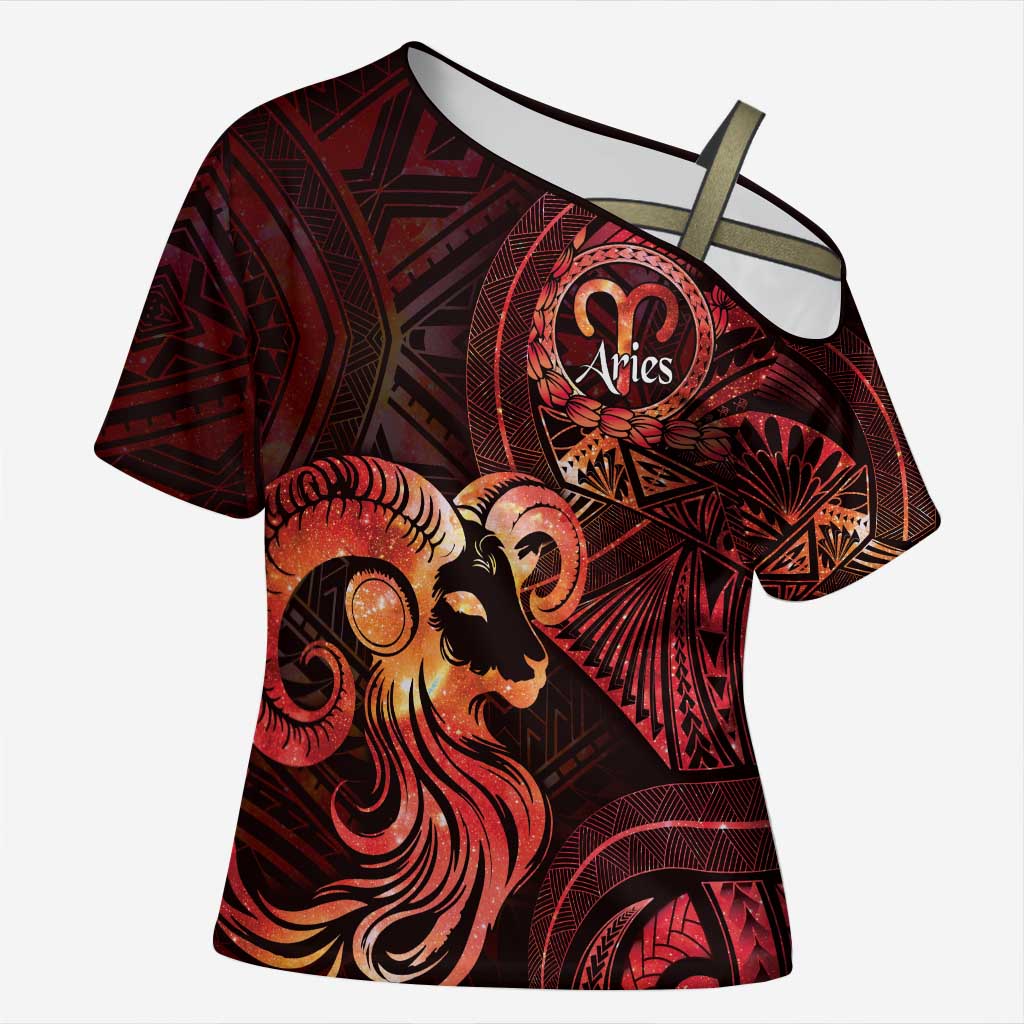 Personalised Polynesia Zodiac Aries Cross Shoulder Shirt Galaxy Polynesian Pattern Chest Tattoo Style LT14 Female Red - Polynesian Pride